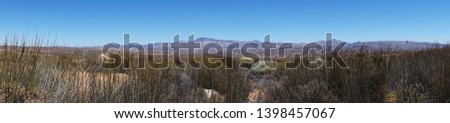 A breathtakingly beautiful desert-like landscape with many rocks and green bushes with a panoramic mountain range and a clear blue sky in the background. 