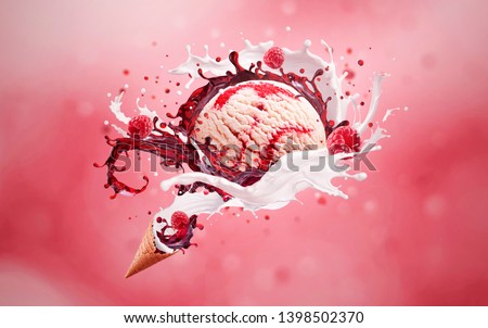 Ice cream cones of Scoop of Vanilla Raspberry Ripple Ice Cream with Fresh Ingredients on pink Background, sweet ice cream waffle cone with milk and syrup splash Splashes of ice cream with raspberries 