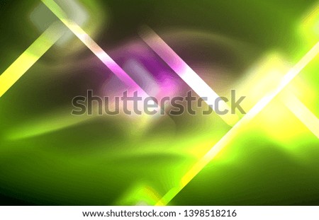 Neon square and line lights on dark background with blurred effects, vector modern design