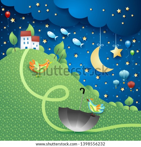 Surreal landscape by night with village, umbrella and flying fishes. Vector illustration eps10