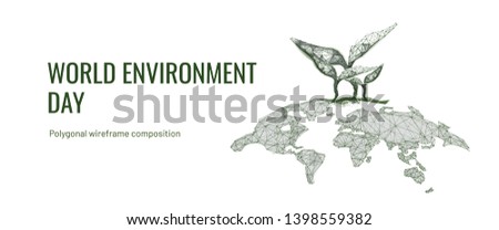 World map with sprout grass . Polygonal wireframe composition.  
World environment day concept. Abstract illustration isolated on white background. Particles are connected in a geometric silhouette