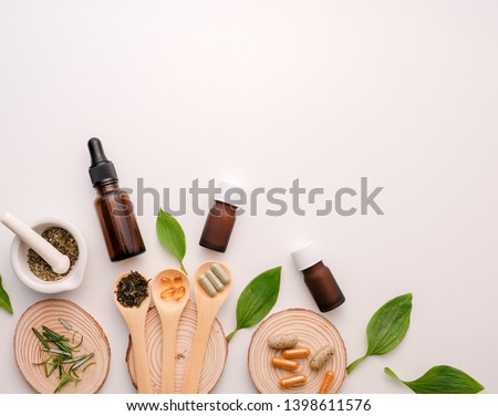 alternative herb medicine with herbal the organic natural in the laboratory. oil capsule.food nutrition healthy and wellness. Royalty-Free Stock Photo #1398611576