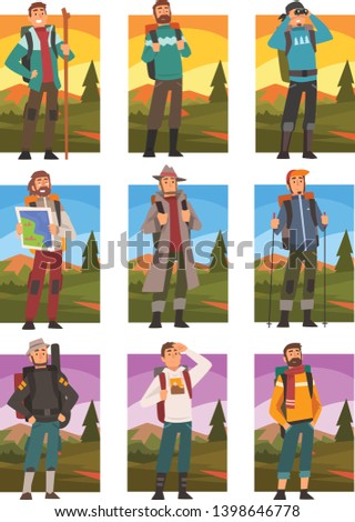 Male Tourists Hiking in Mountains with Backpacks Set, People in Summer Mountain Landscape, Outdoor Activity, Travel, Camping, Backpacking Trip or Expedition Vector Illustration