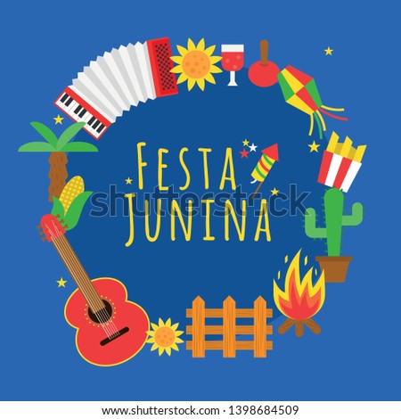 festa junina icons in circle shape flat design accordion guitar caramel apple corn french fries wine glass palm tree wooden fire cactus sunflower and fence icons  illustration 