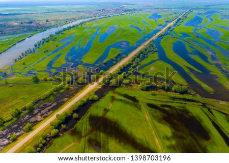 Flooding in the Volga delta, Russia. Natural landscape. View from above.