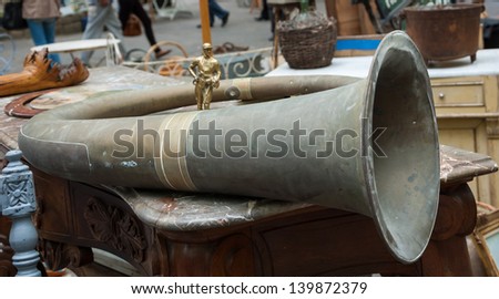 Old brass horn at flea market in Provence (France).