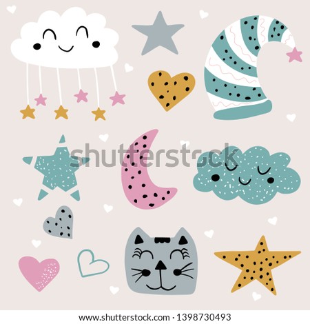 Cute childish sweet dreams stylized art. Good night design clip art. Tender pastel baby colors. Doodle vector illustration.