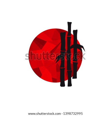 Oriental asian hand-drawn bamboo illustration. Black tree silhouette on red low poly circle stain as a symbol of Japan. Japanese flag on white background. Logo, banner, flyer template design