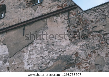old stone and red brick church details, architecture elements - vintage retro film look