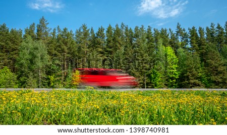 Red minivan rushes along the road along the forest, the roadside is covered with yellow dandelions
