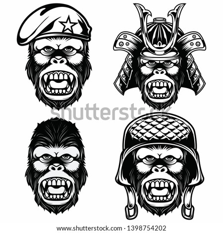 Gorilla head with berets, samurai and helmets vector sets
