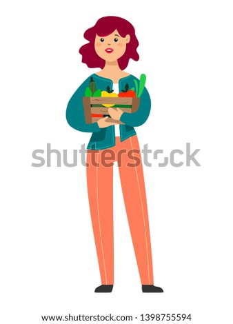 Funny girl is holding a box with fruits, vegetables and herbs. Vector illustration in cartoon style on a white background.