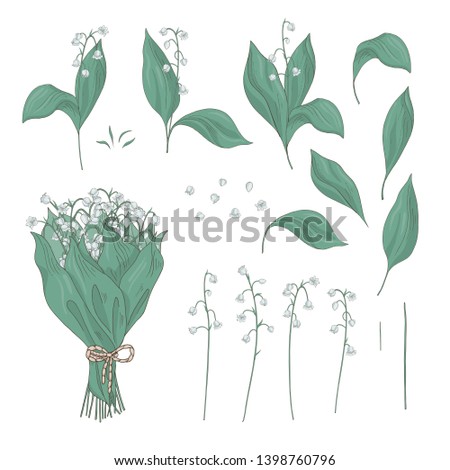 Set with lily of the valley. Bouquet tied with a rope, flowers, leaves and other elements. Isolated objects on white background.