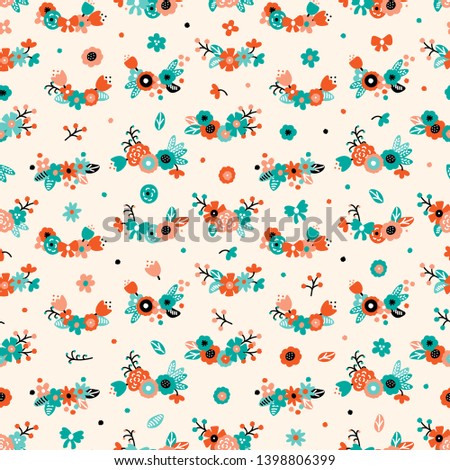 Ditsy. Bright Simple Flower Bouquets Seamless Pattern. Cute Flowers Vector Colorful Background. Multicolor Floral print design