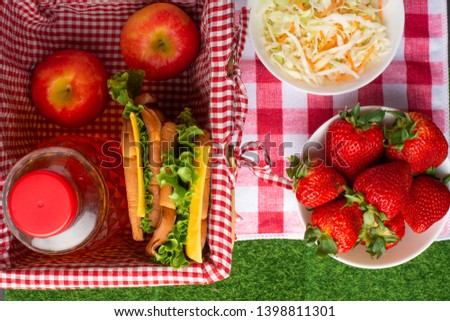Flat lay. Picnic on the lawn with a veil, basket, sandwiches, strawberries, juice and fresh salad, healthy tasty food, The concept of a picnic, summer and rest
