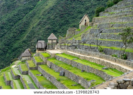 Peru, Machu Picchu, view over houses and terrasses. 