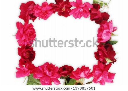 frame made of red rose flowers for valentines day or love, religion related concept, top view,copy space on white background