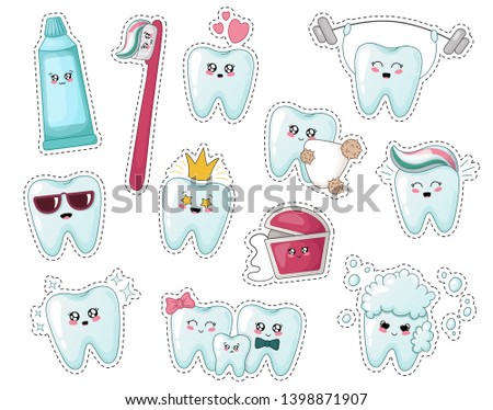 Set of kawaii stickers with tooth, toothpaste, toothbrush with different emodji, cartoon characters - treatment and oral dental hygiene, dental care concept. Vector flat illustration