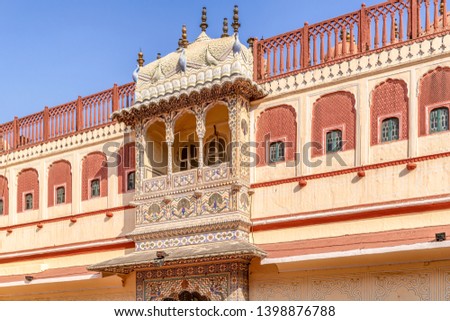 Facade o the Chandra Mahal, the residence of royal family in Jaipur City Palace, Jaipur, Rajasthan, India 