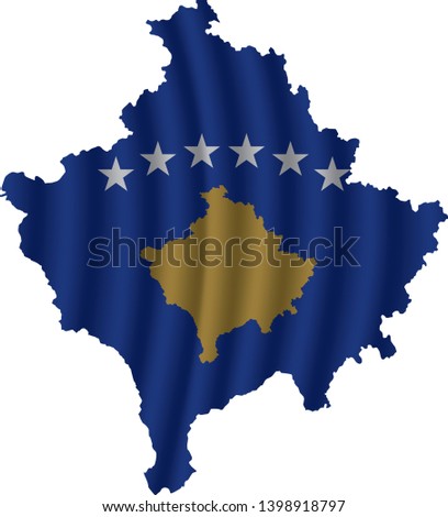 Kosovo map with rippled flag on white illustration. Waving Fabric Flag Map of Kosovo. Map of Europe. Vector White Background. Vector illustration eps10.