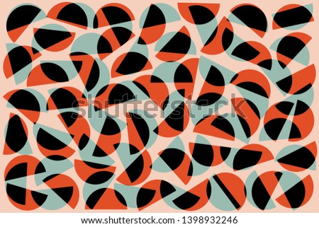 Red black blue random semicircles on pink background. Abstract geometric shapes pattern in retro style for fabric textile decor.
