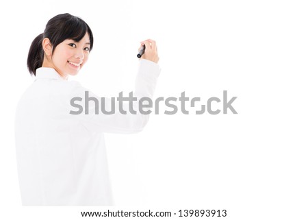 young asian woman wearing white coat on white background