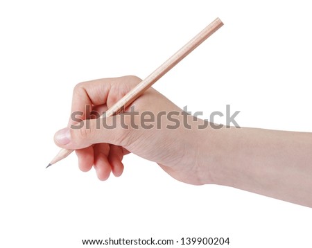 female teen hand holding natural wood pencil, isolated on white