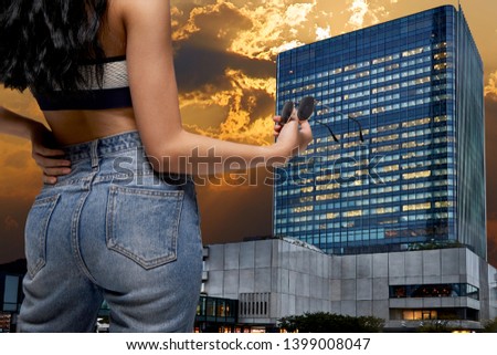 Back view of Beautiful attractive elegance asian woman in blue jeans with holding sunglasses on sunrise, Summer shopping concept, Copy space for text