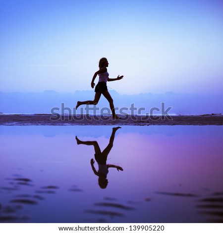 Female runner silhouette is mirrored below with a blue sunset sky as background
