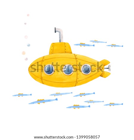 Watercolor cute childish illustration of a yellow submarine, submarine and fish