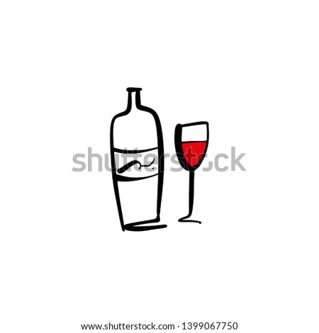 One line modern icon glass and bottle of wine set, hand drawn sketch vector EPS