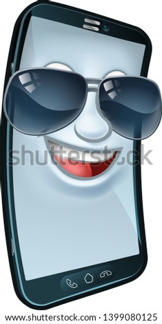 A mobile phone cartoon character mascot wearing cool shades or sunglasses