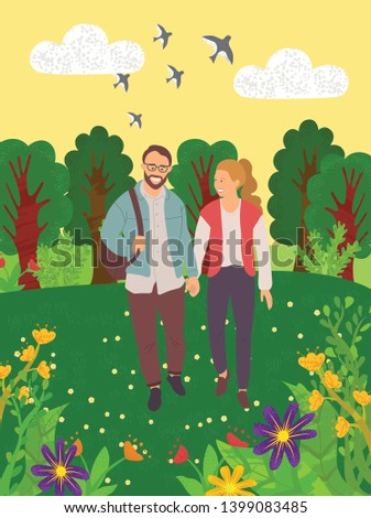 Smiling man and woman holding hands and walking in forest or park, portrait view of couple characters outdoor, lovers leisure, green nature vector