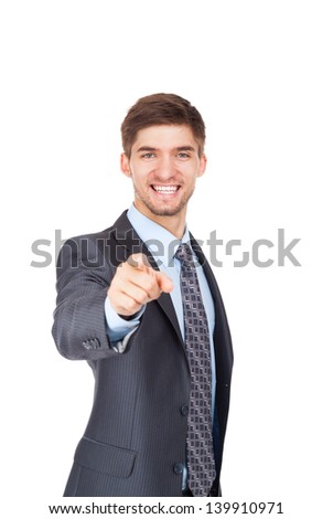 young business man point finger at you happy smile, Handsome businessman wear elegant suit and tie isolated over white background looking at camera