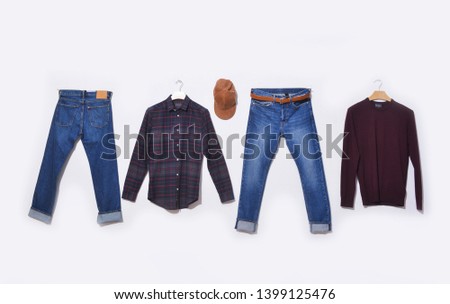 Plaid Shirt Front View of Checkered Tartan Pattern. Stylish Fashion Shirt, blue jeans,leather handbag for Men