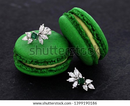 Green macarons with luxury jewelry Diamonds