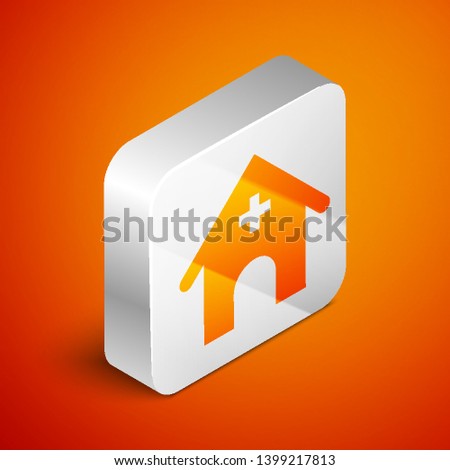 Isometric Veterinary medicine hospital, clinic or pet shop for animals icon isolated on orange background. Vet or veterinarian clinic. Silver square button. Vector Illustration