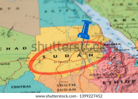 Map of Sudan with a red circle markers 