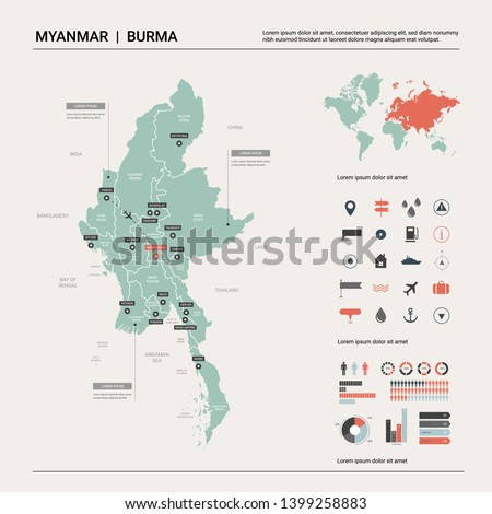 Vector map of Myanmar. Country map with division, cities and capital Naypyidaw. Political map,  world map, infographic elements.  