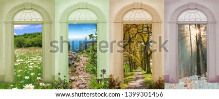 four seasons landscapes - nostalgic design with view through archway doors. meadow with marguerite, hiking trail garda lake italy, oak tree alley, winter forest Royalty-Free Stock Photo #1399301456