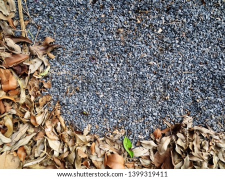 Dry leaves as picture frame with small blue gray stones in texture background.