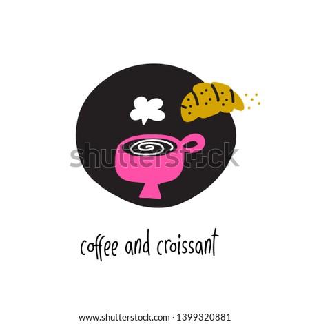 Coffee and croissant. Vector cartoon illustration.