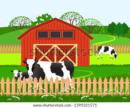 Vector Illustration. White cows with black spots graze on the farm.

