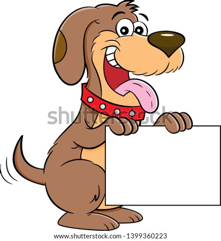 Cartoon illustration of a dog sitting up and holding a sign.