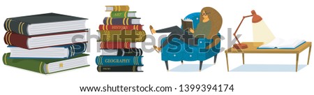 Stylish young female reading an open book. Lover of literature sits on the chair. Stack of encyclopedias and pages. Symbols and objects in contemporary style. Vector illustration for posters