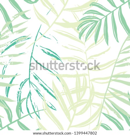Vector beach seamless pattern wallpaper of green and turquoise tropical leaves of palm trees on a white background. Vector seamless pattern. Tropical illustration. Jungle foliage. Cool floral wallpape