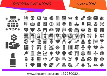 decorative icon set. 120 filled decorative icons.  Simple modern icons about  - Mirror ball, Lipstick, Flower, Spruce, Heart, Certificate, Zen, Bird cage, Terrarium, Moth, Mirror