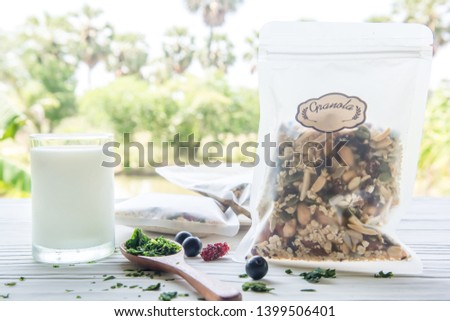 Future food, granola and Organic Plant-Based Food consisting of fish, insects, seaweed, vegetables, fruits, nuts, that new generations prefer to eat for healthy health.