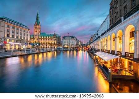 Hamburg, Germany. Cityscape image of Hamburg downtown with City Hall during sunset. Royalty-Free Stock Photo #1399542068