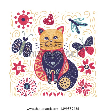 Folk art vector animal illustration in scandinavian style. Tribal nordic square card with detailed cat and floral decoration.